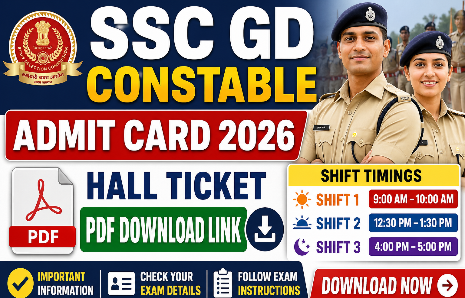 SSC GD Constable Admit Card 2026 Hall Ticket PDF Download Link & Shift Timings